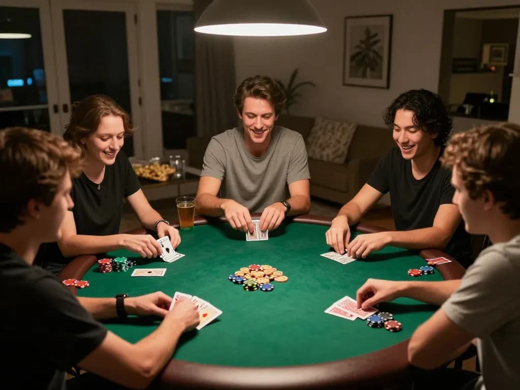 GO88 players enjoying a friendly poker game night, chips and cards in play, cozy atmosphere.