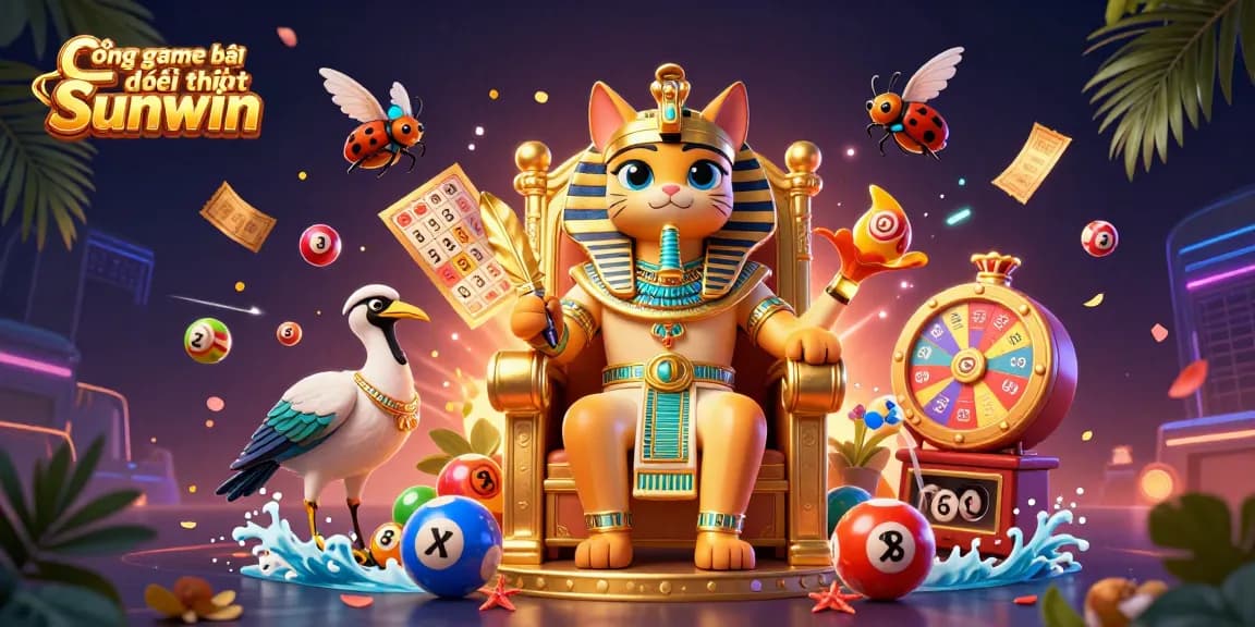 Experience excitement with Cổng game bài đổi thưởng Sunwin, featuring vibrant lottery balls and a dynamic 3D scene.