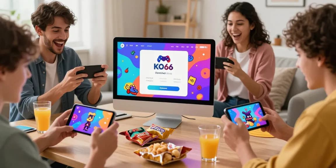 Excited players interacting with the KO66 gaming app in a vibrant gaming setup.