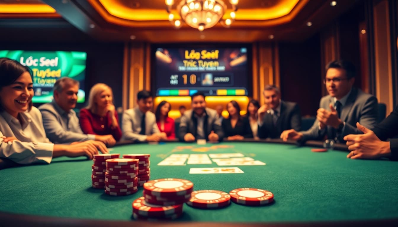Exciting gaming scene with Lô Đề Trực Tuyến action featuring poker chips, cards, and a digital betting screen.