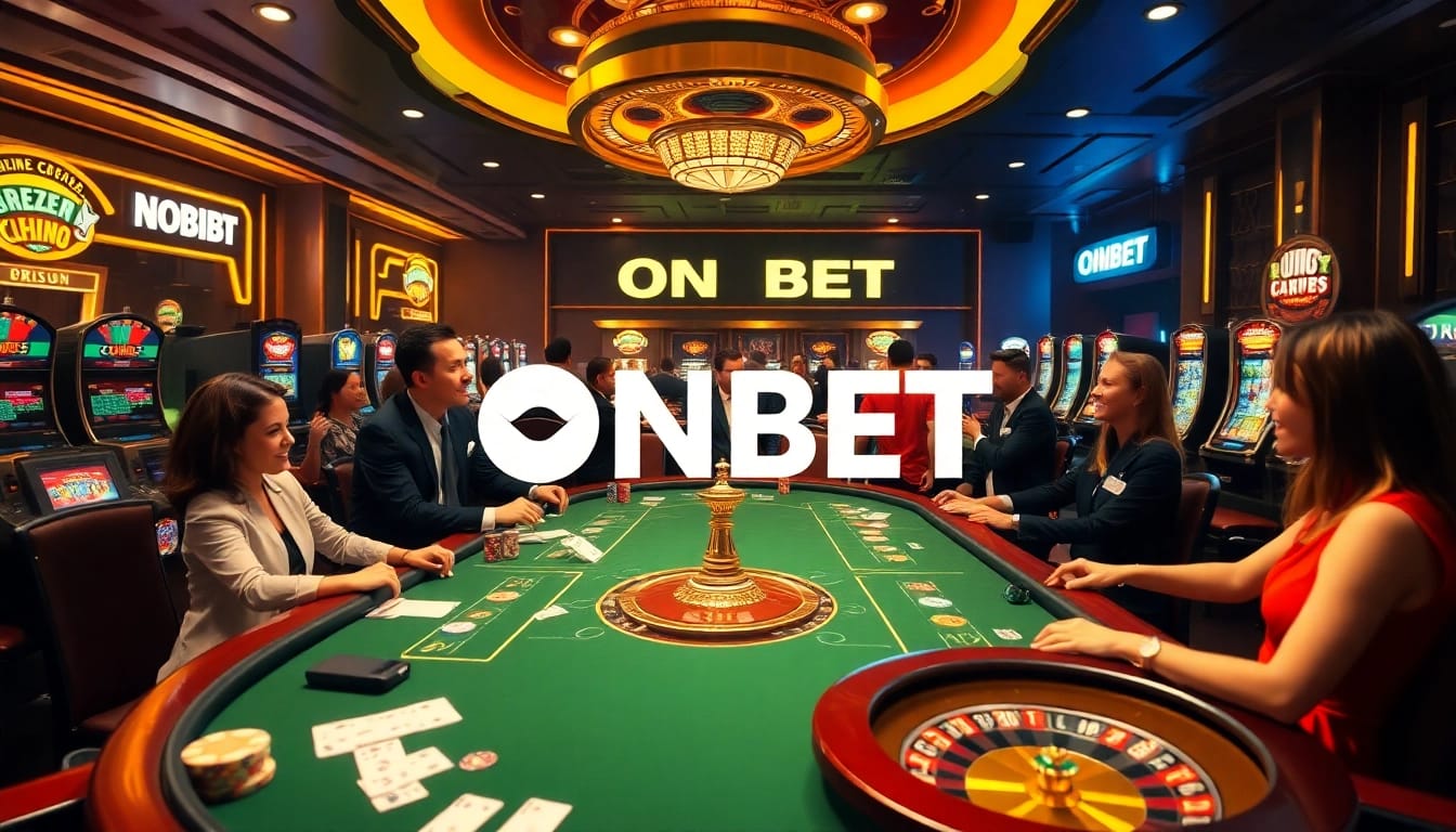 Experience thrilling gambling action at ONBET's luxurious casino table with players and dealers.