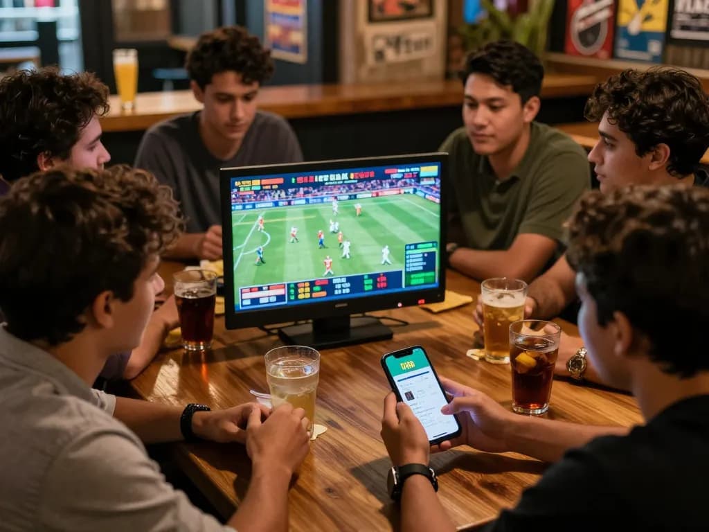 Engaging sports betting moment at tip88 with friends analyzing live games on smartphone.