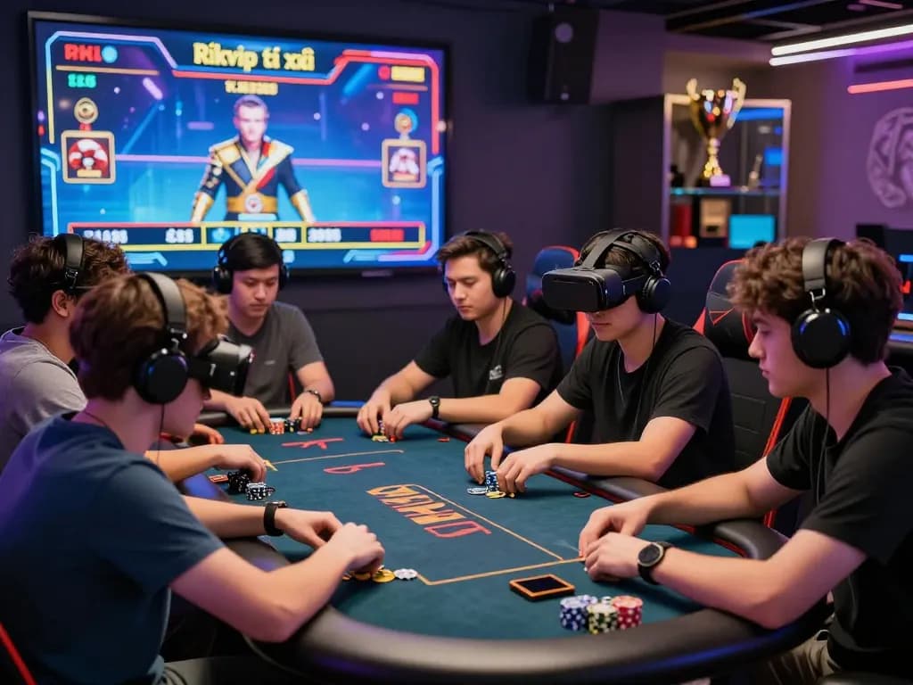 Exciting gaming lounge with players enjoying rikvip tài xỉu and vibrant LED lights.