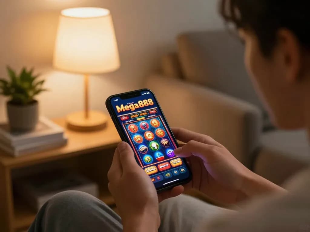 Engaging with the Mega888 original casino app on a smartphone in a cozy home setting, highlighting vibrant gameplay.