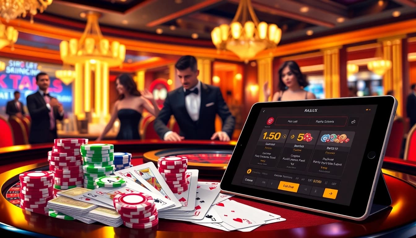 Experience high-stakes gambling thrills with RAJA LUCK at a vibrant casino table, featuring poker chips and cards.