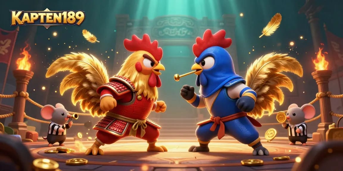 KAPTEN189 menghadirkan ilustrasi 3D ayam bertarung di arena judi, simbol keberuntungan dan strategi.
