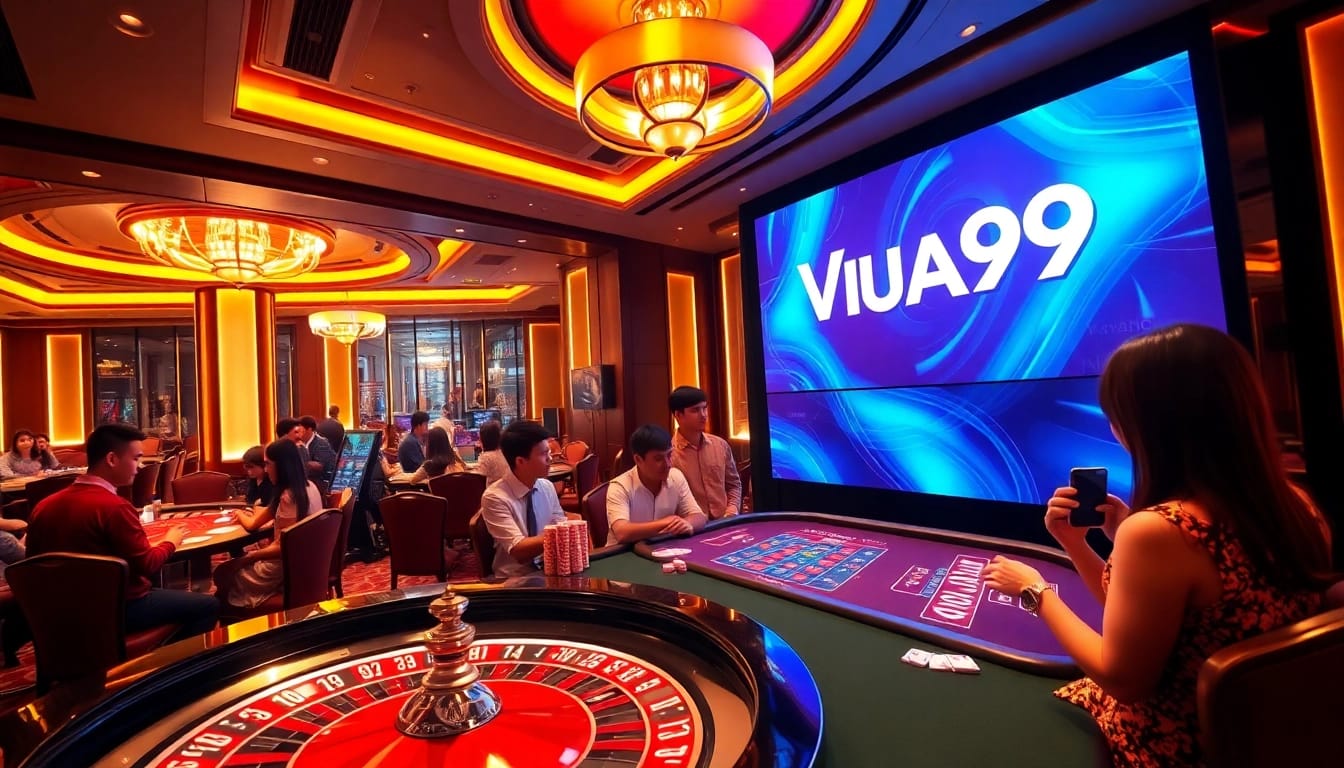 Vua99 players enjoying high-stakes action at roulette tables in a luxurious casino setting.
