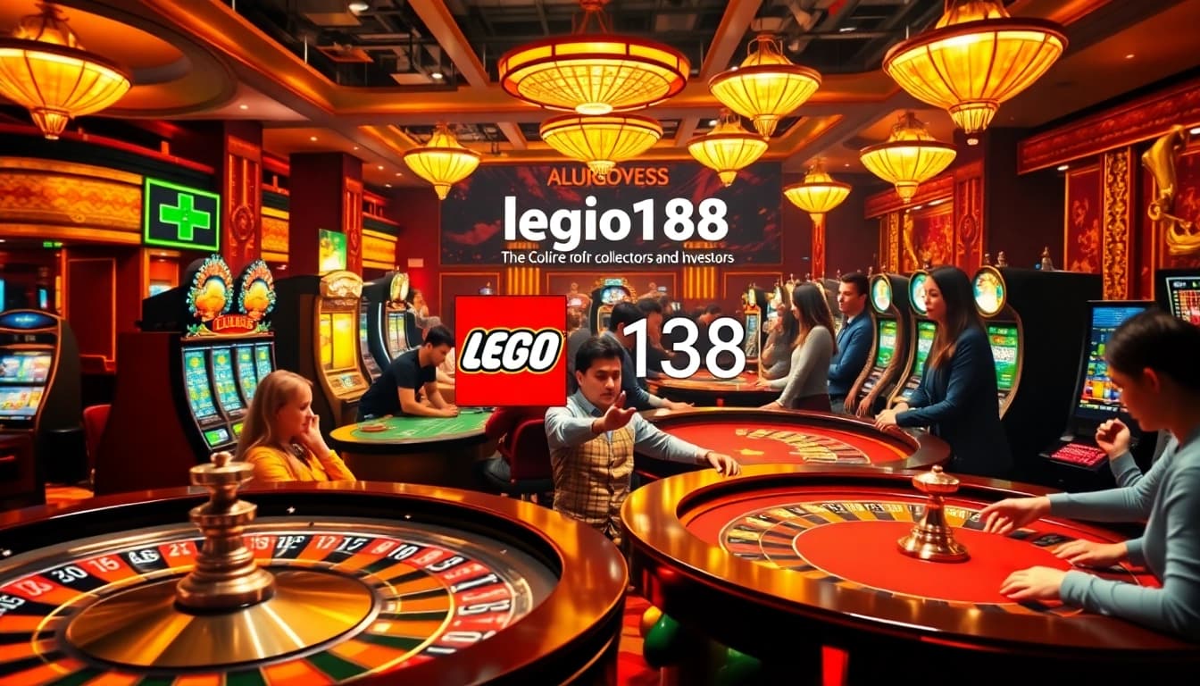 Experience the thrill of gambling at lego138 with a luxurious casino scene filled with slot machines and poker tables.