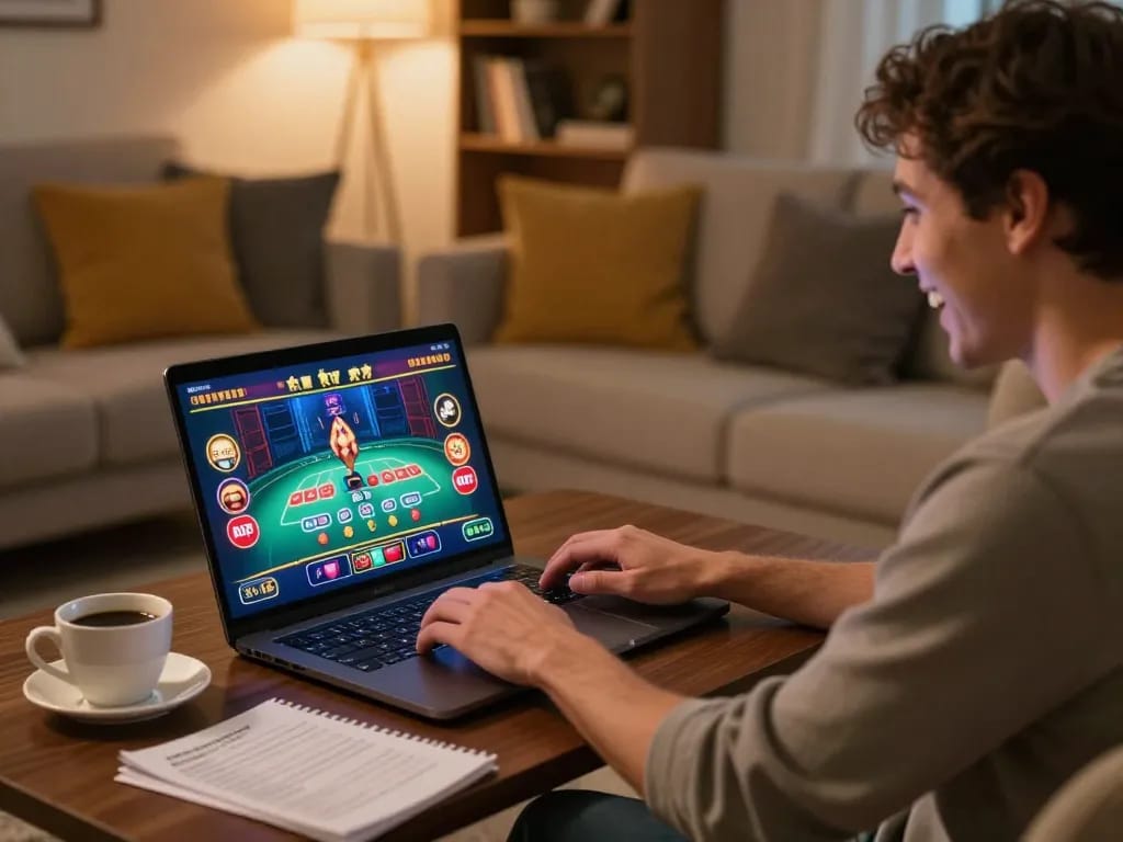 Player engaging in online gaming at home with TG88, showcasing excitement and strategy in a cozy atmosphere