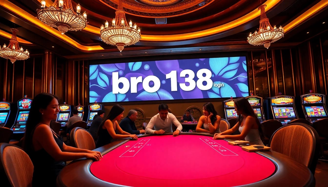 Exciting gambling scene featuring players at a poker table and the "bro138 login" displayed prominently.