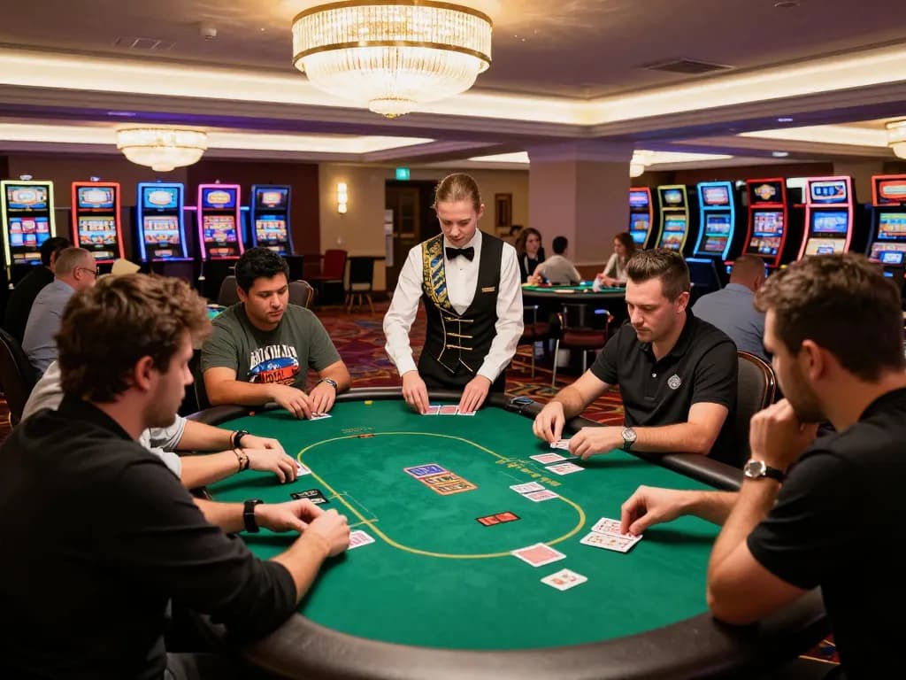Players enjoying a thrilling game of poker at an upscale casino setting, embracing the excitement of tr88