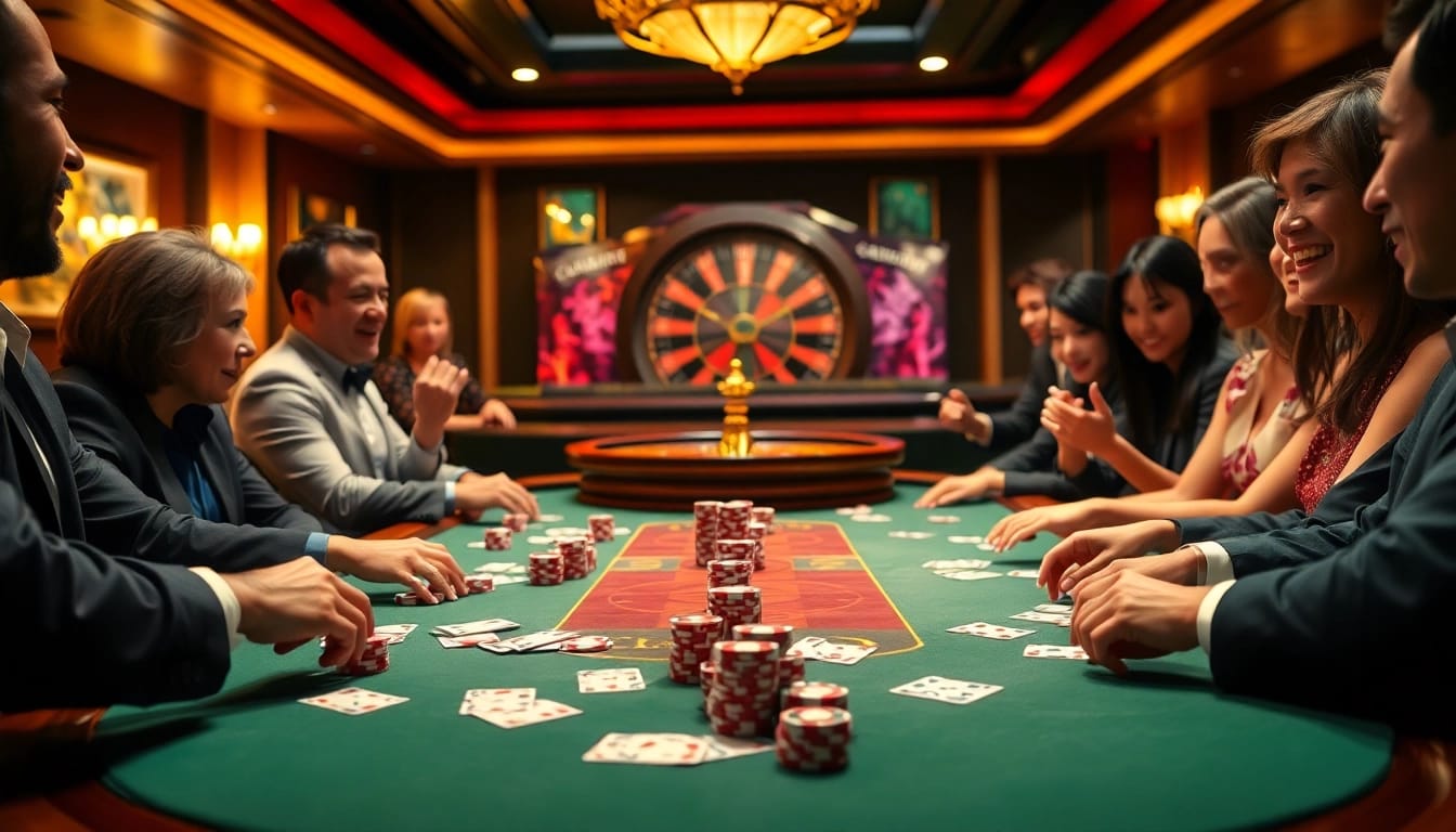 SBOBET players enjoy a thrilling poker game at an elegant casino table with vibrant decorations.