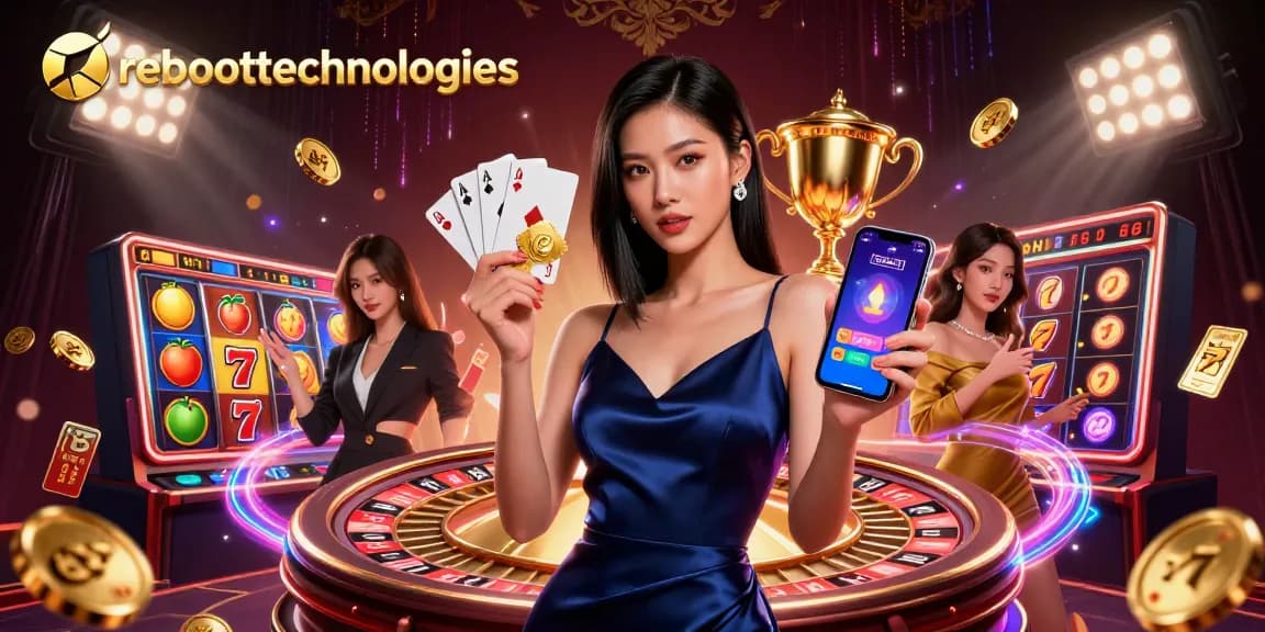 Engage with reboottechnologies for slot game excitement, featuring a confident woman with casino elements.