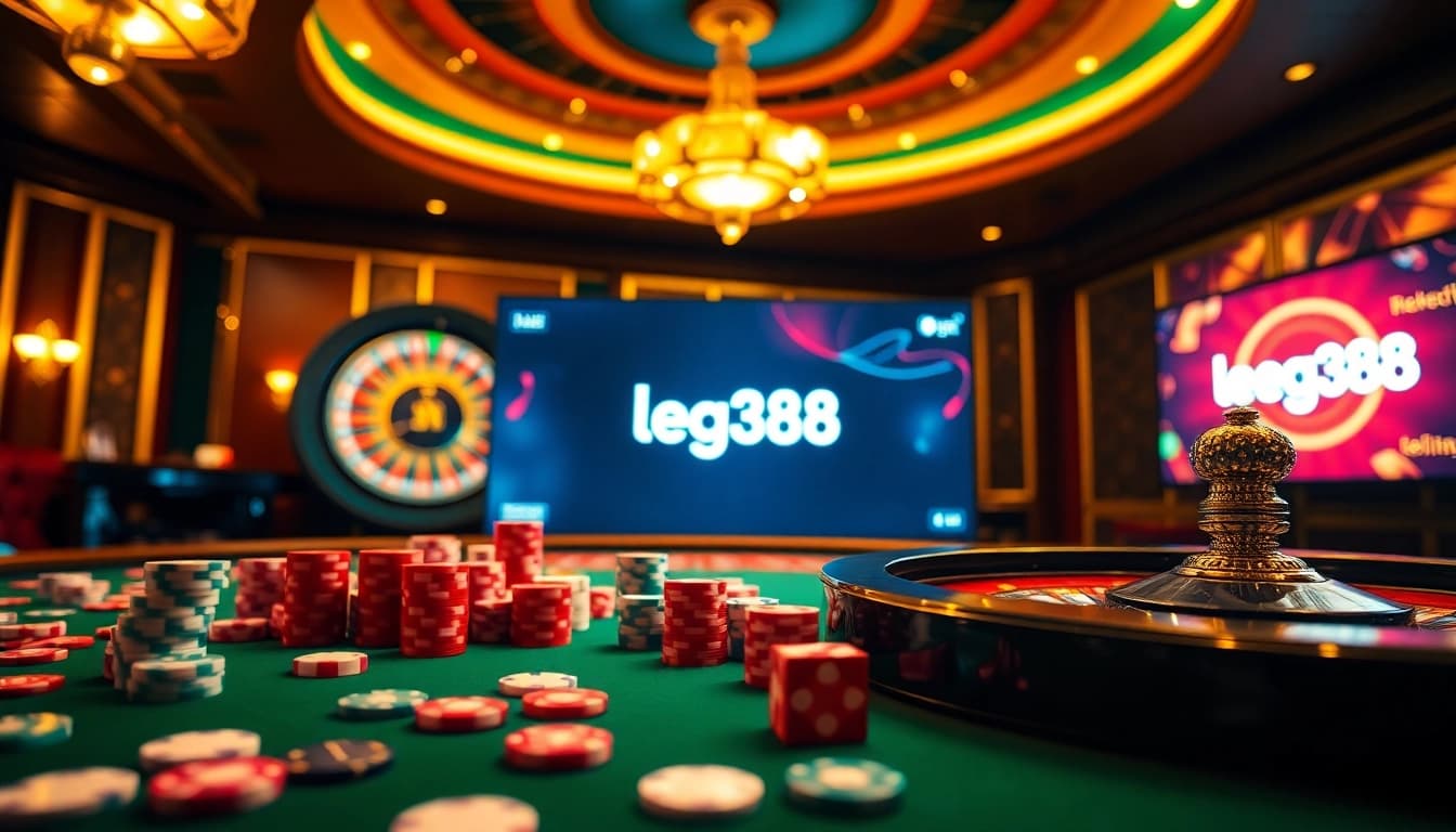 Players strategizing their bets at a vibrant lego138 gaming table filled with poker chips and cards.