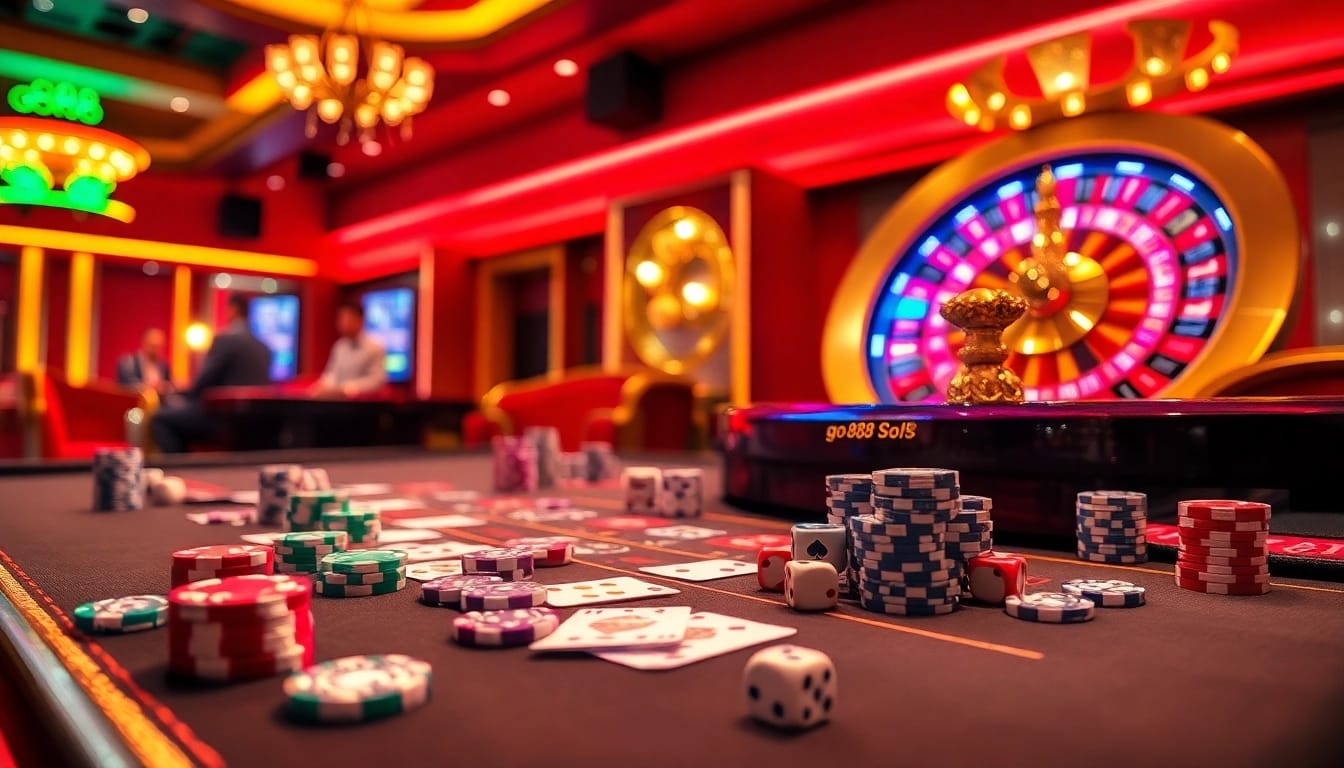 Experience the excitement of go88 with vibrant casino gaming visuals featuring poker chips and roulette wheels.