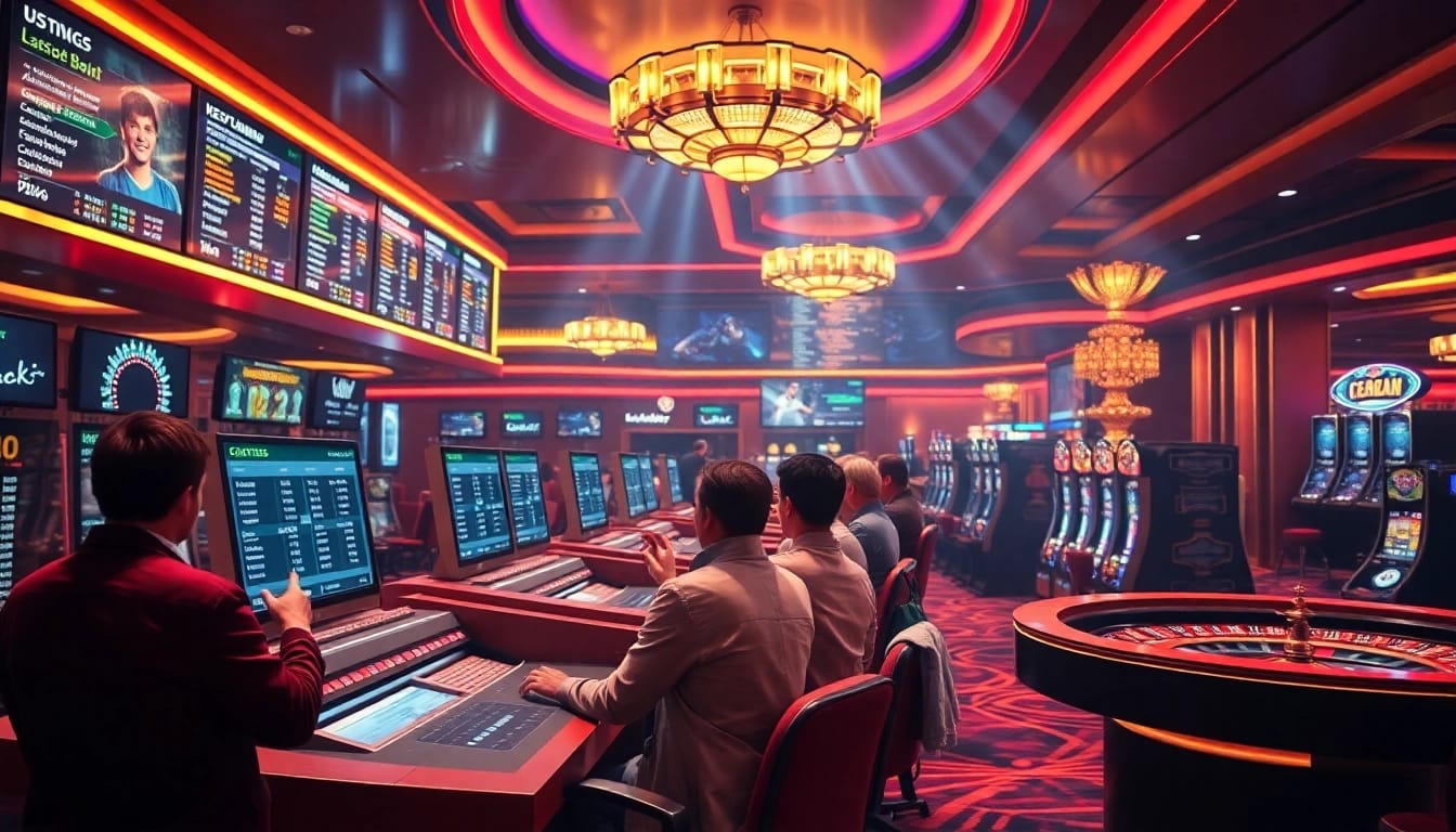 keonhacai5 sports betting scene with excited bettors and vibrant casino atmosphere