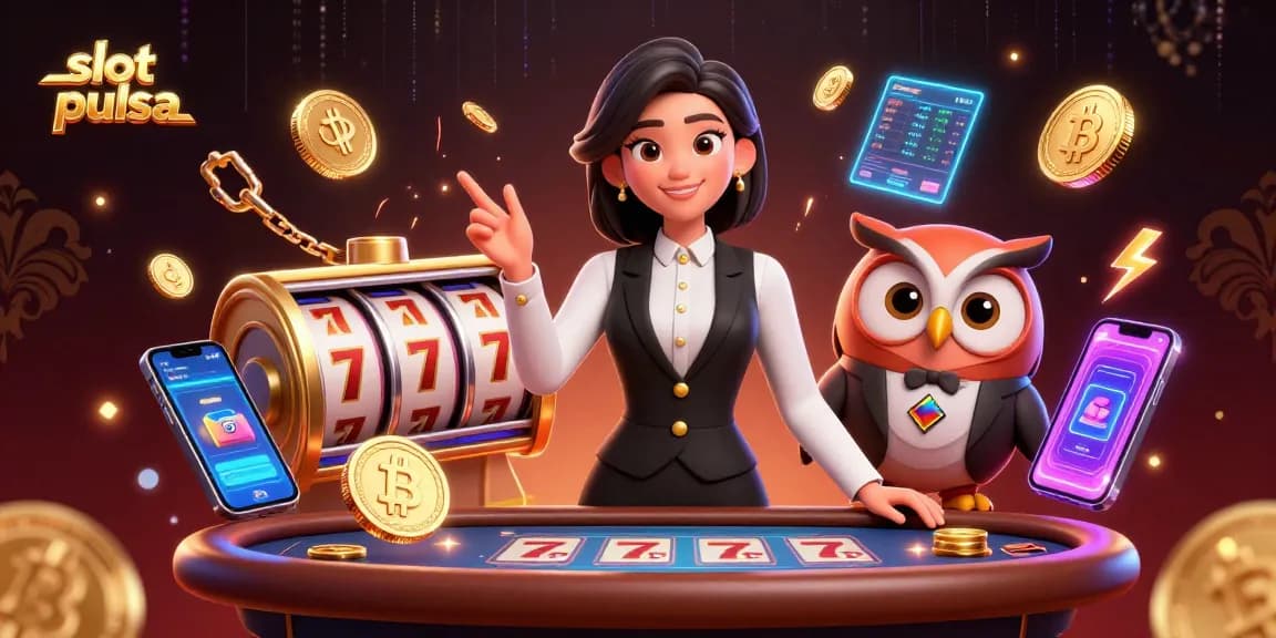 Experience thrilling slot pulsa games with an elegant dealer in a luxurious casino setting.