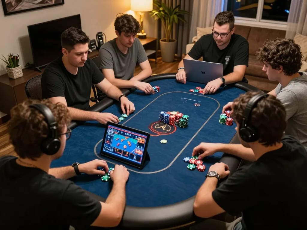 Players engaged in exciting online poker gameplay on nk88 platform, showcasing strategic betting moments
