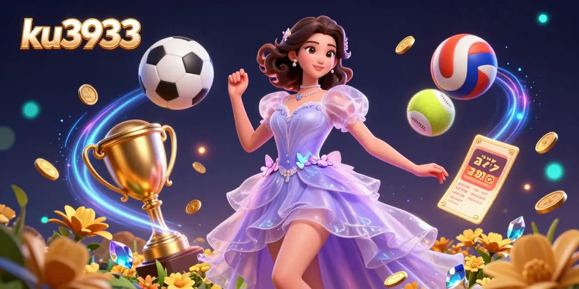 Experience excitement with ku3933 in a vibrant 3D casino scene featuring sports elements and a stunning character.