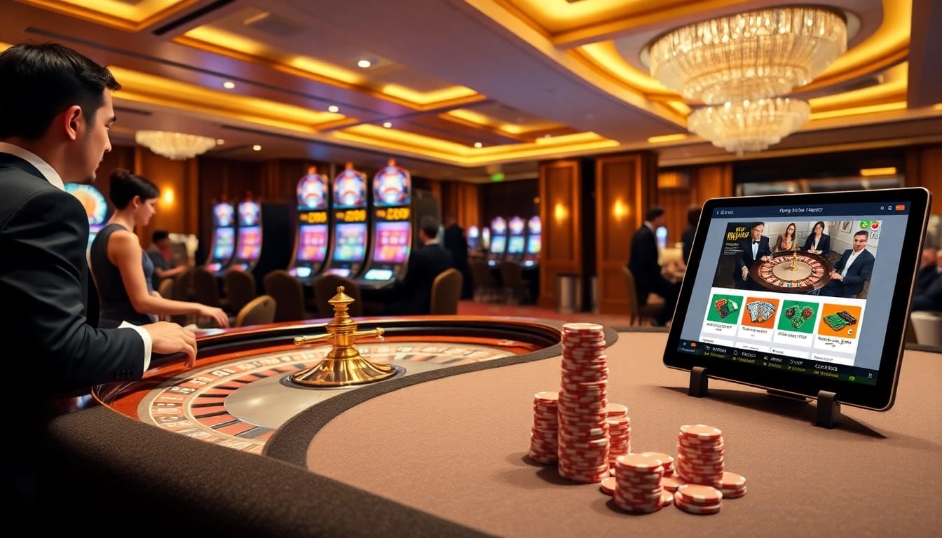 Experience the excitement of m88 with players enjoying roulette and vibrant slots in a luxurious casino setting.