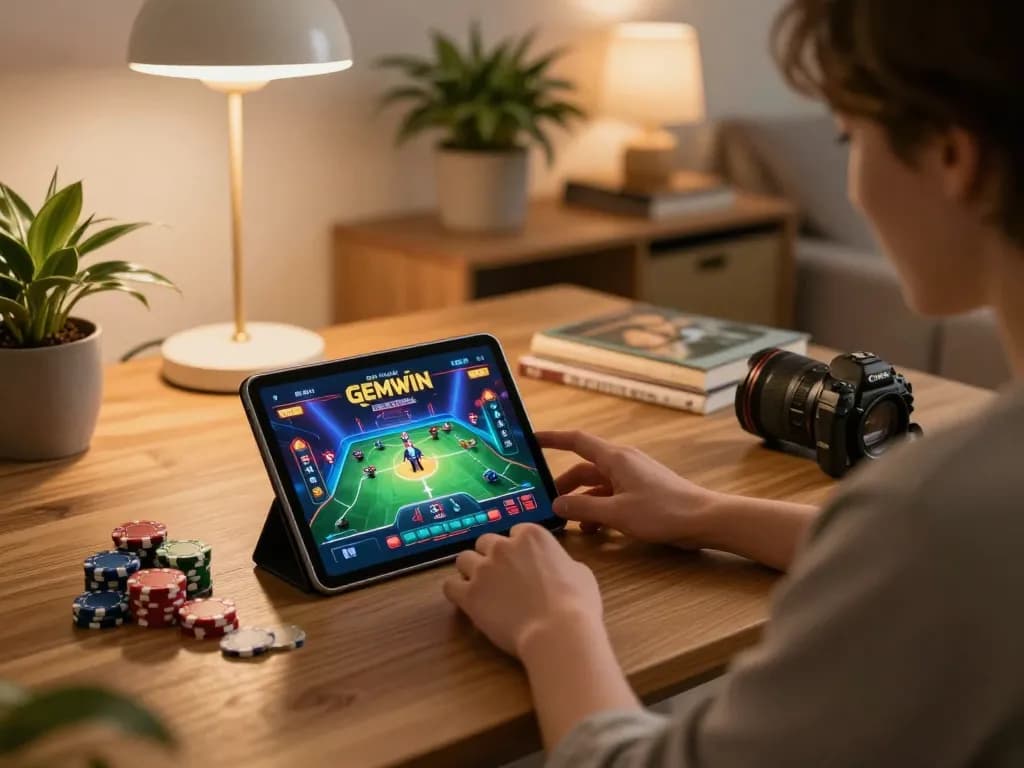 Engaging in GEMWIN online poker gaming with vibrant graphics on tablet in a cozy home setting.