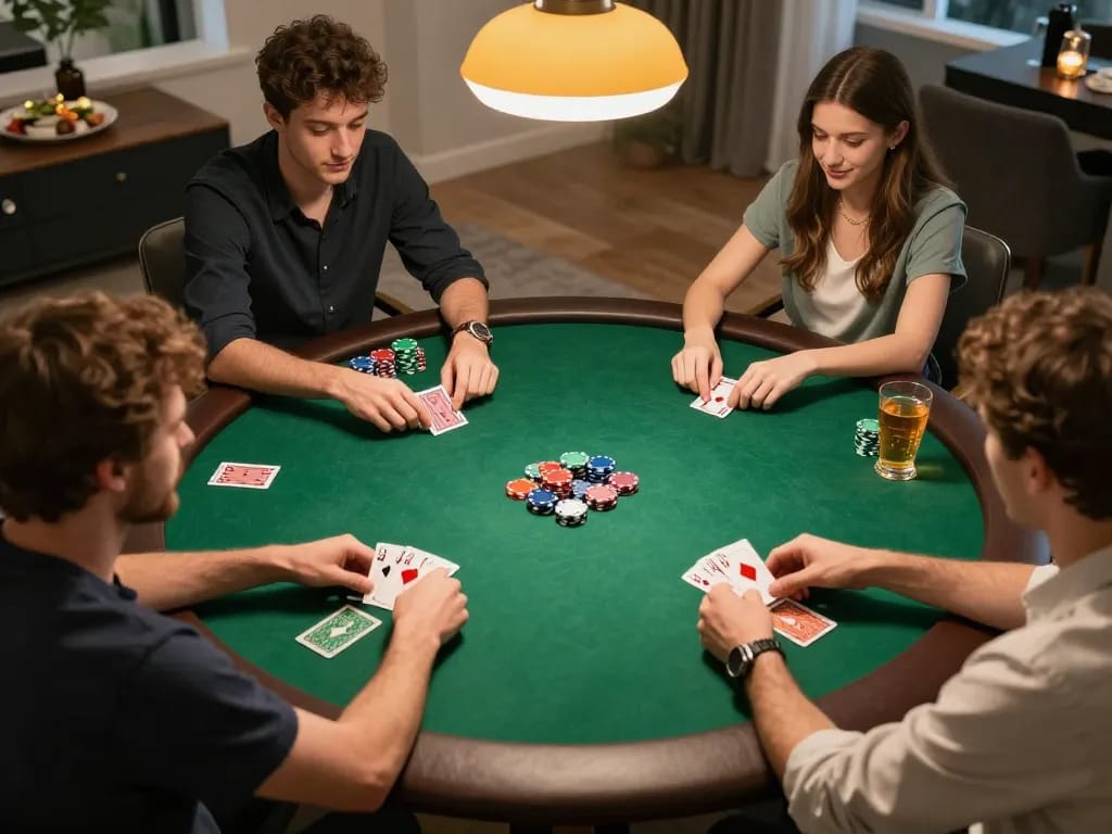 Players enjoying a strategic poker night at home, showcasing responsible gaming with LV88.