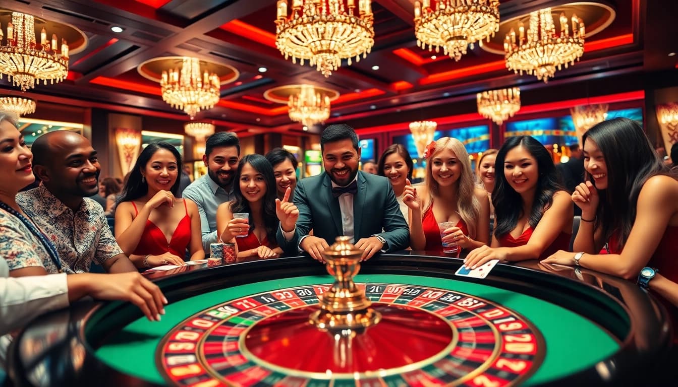 Casinospielen in einem lebhaften Casino mit Spielern am Roulettetisch und bunten Chips.