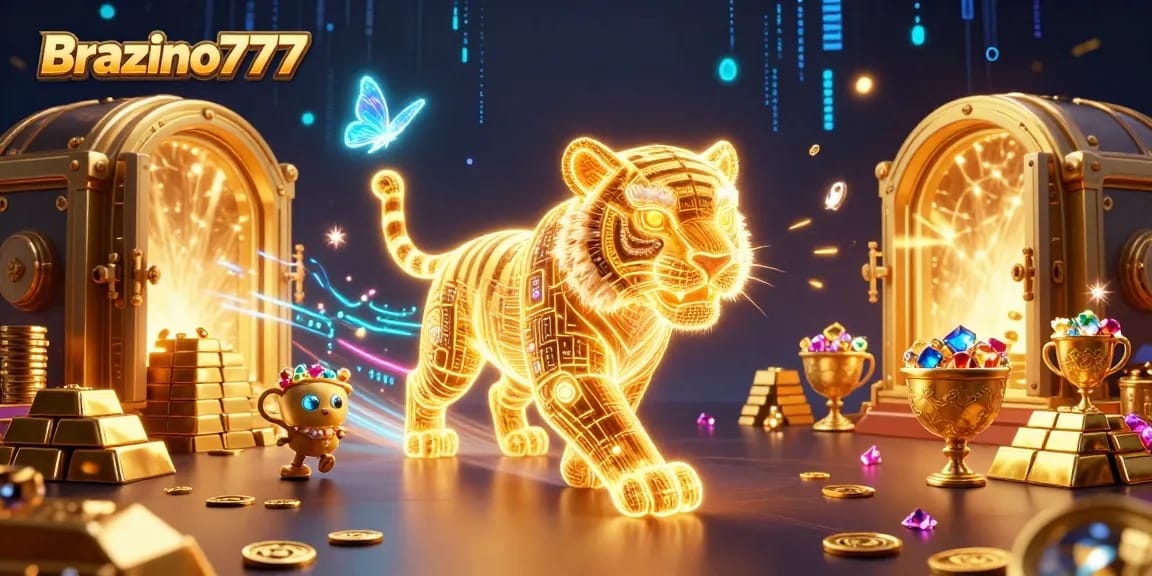 Experience the thrilling world of Brazino777 with a neon-wireframe tiger amidst dazzling casino elements.