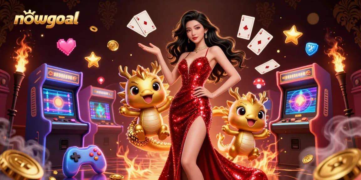 Engage with nowgoal's thrilling casino atmosphere featuring a confident woman, golden dragon, and dynamic game elements.