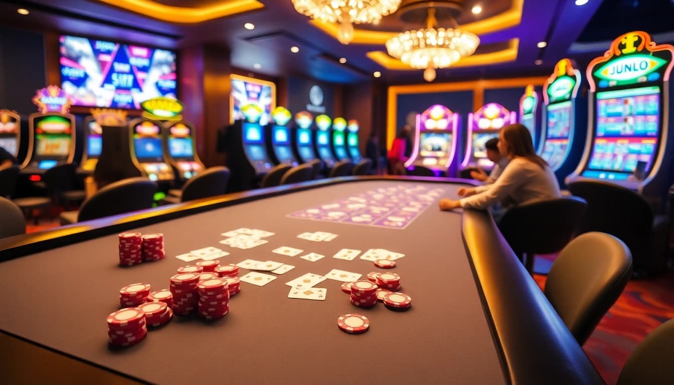 Experience thrilling casino action with Jun88's vibrant gaming atmosphere featuring poker and slots.