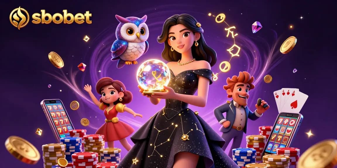 Sbobet sports betting scene featuring a woman in a black gown and a mystical owl, surrounded by colorful casino elements.