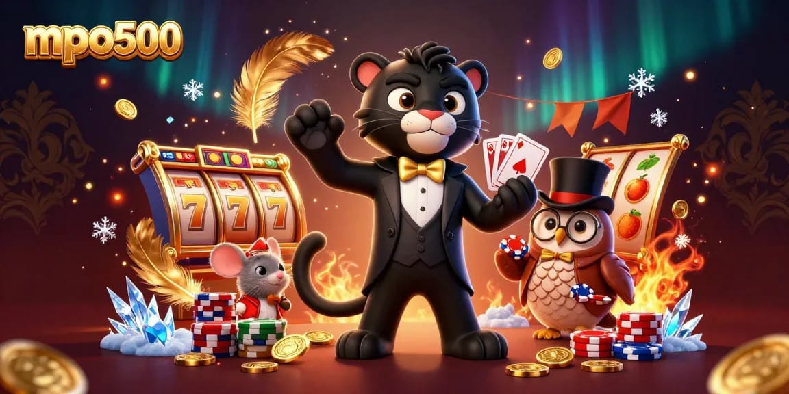 MPO500 showcases a playful black panther and friends at an exciting casino scene filled with slot machine elements.