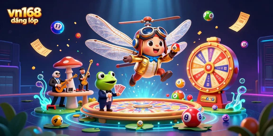 Experience thrilling gameplay with vn168 đăng nhập, as a dragonfly pilot hovers above a vibrant lily pad casino scene.