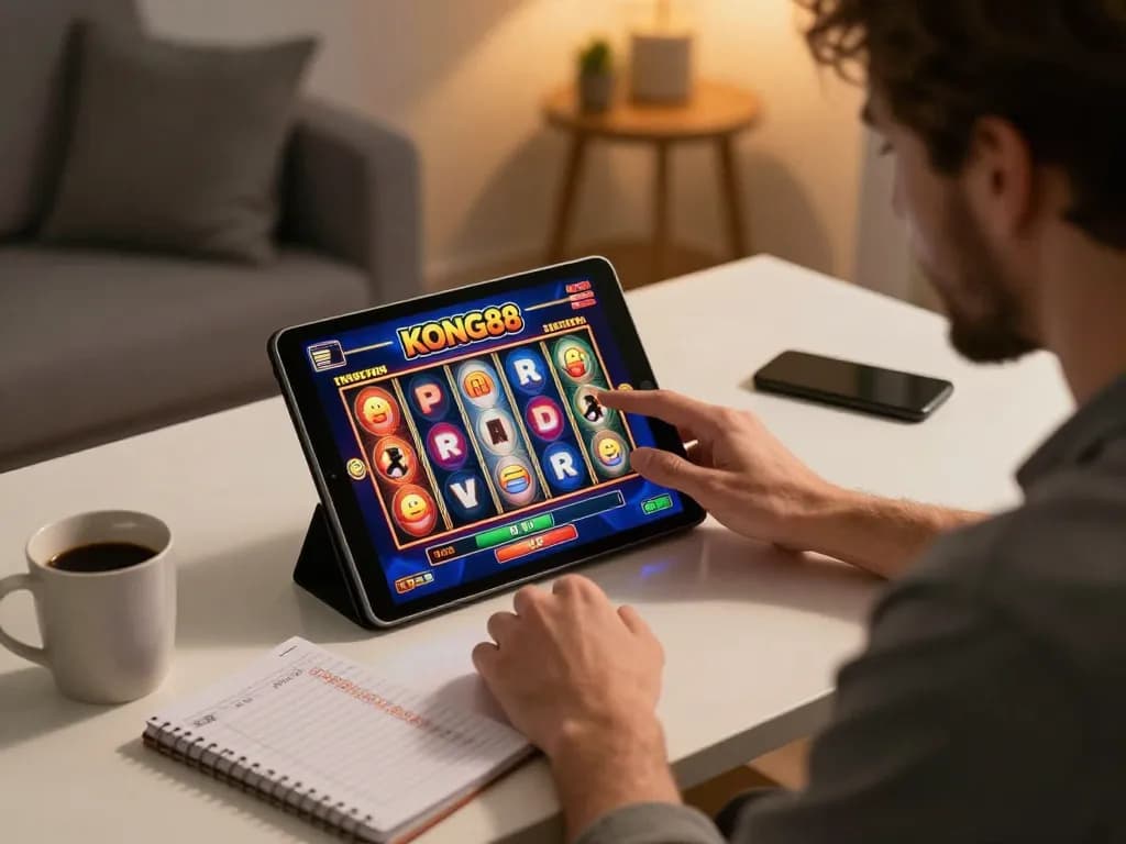 KONG88 player enjoying online slots on a tablet in a cozy home, reflecting responsible gaming.