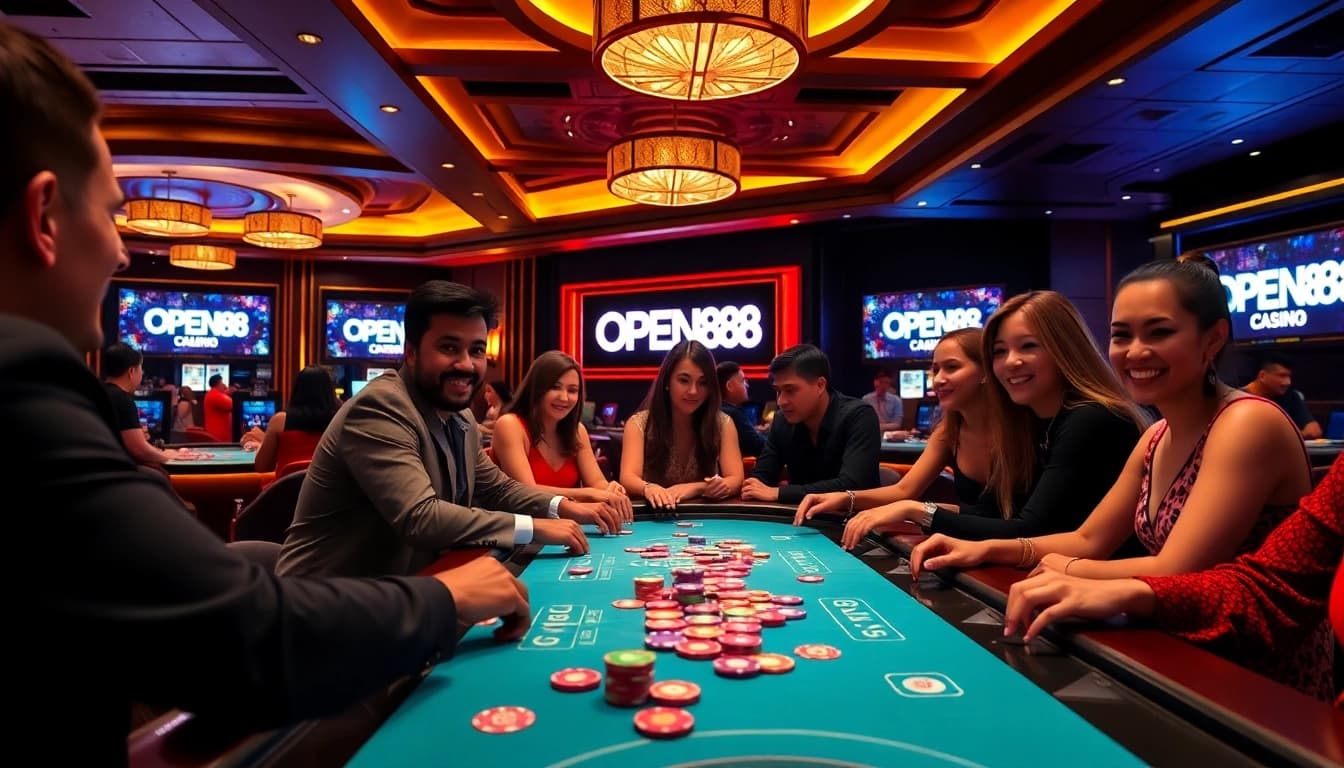 Engaging scene of OPEN88 players in a lively casino environment with colorful gaming elements.