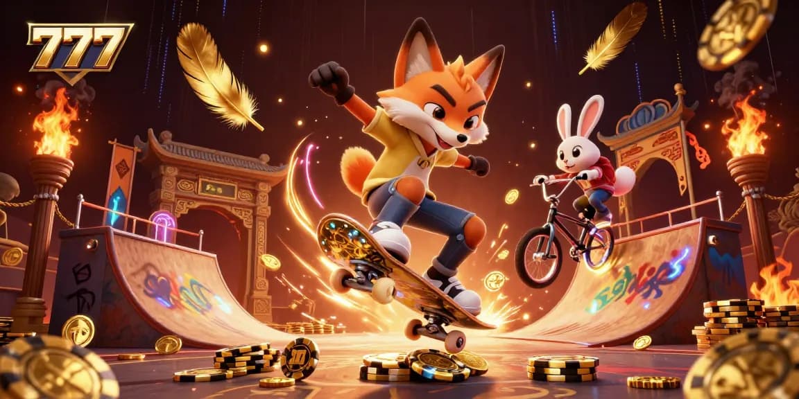 Engage in thrilling 777 casino adventures with a cartoon fox and rabbit amidst vibrant gaming scenes.