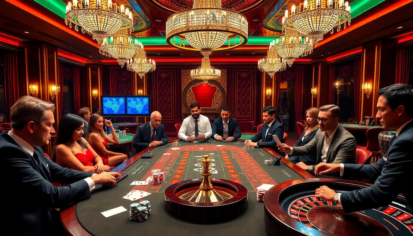 Experience thrilling gambling action at https://bem88.com with a luxurious poker table scene and vibrant atmosphere.