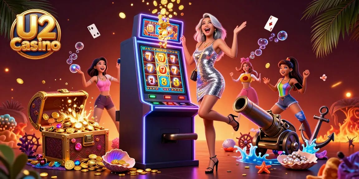 Experience excitement at U2 Casino with a celebratory woman winning on a slot machine surrounded by dynamic gaming elements.