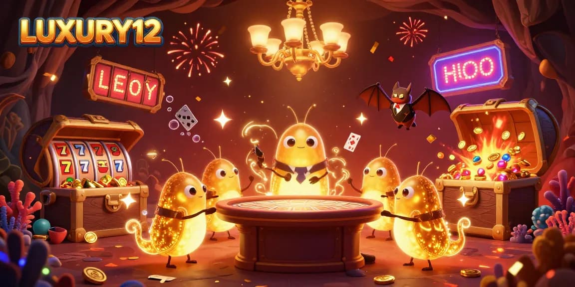 Experience thrilling games with LUXURY12 in this vibrant, cartoon-style casino scene.