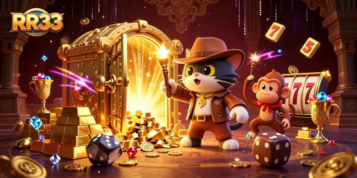 RR33 slots jackpot scene featuring an archaeologist cat and companion amidst golden treasures.
