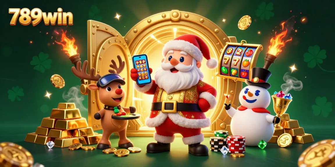 Experience the excitement of 789win with Santa and friends enjoying jackpot slots in a vibrant casino.