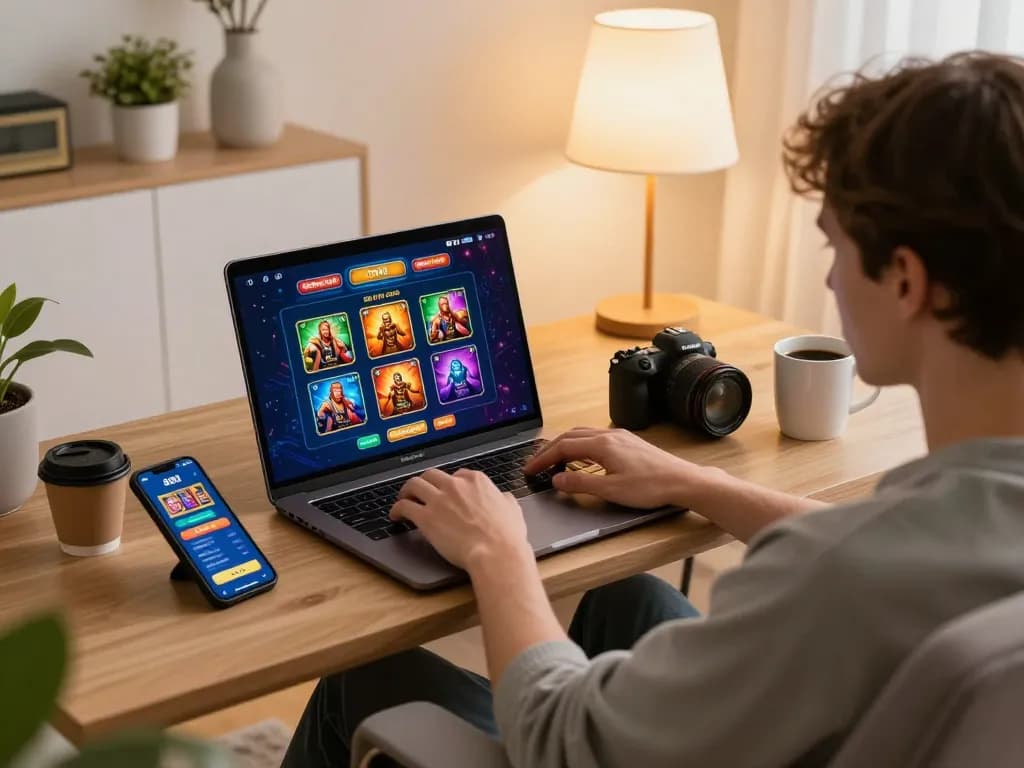 Engaging in online gameplay on aa88i casino interface in a cozy home setting.