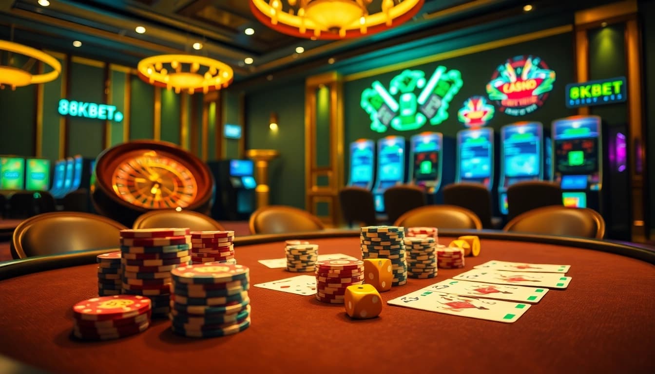 Experience thrilling gaming with 8KBET at a luxurious casino table filled with poker chips and cards.