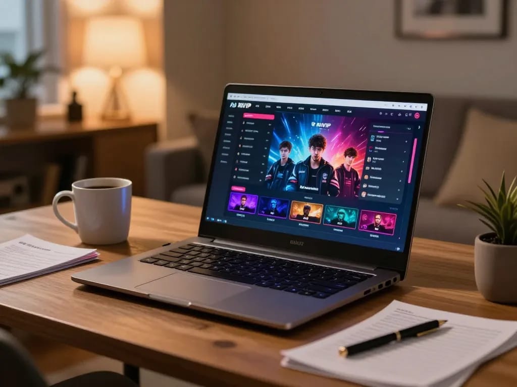 Players engage with the RIKVIP online gaming platform on a cozy home desk, promoting responsible gambling.