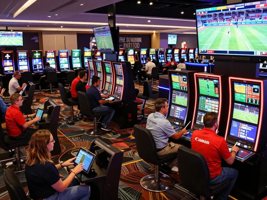 Excited patrons engaging in sports betting at 88aa casino with modern screens and dynamic atmosphere.