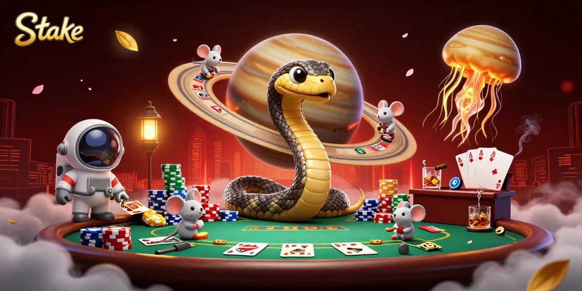 Stake players engage with animated astronaut mice betting on a cosmic roulette while enjoying poker