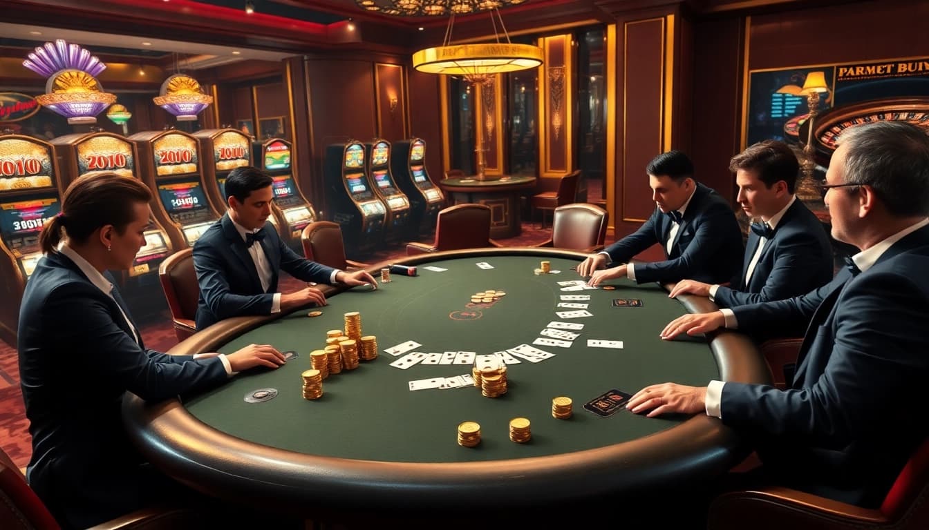 A thrilling poker game with players at a luxurious casino table showcasing 789win's excitement.