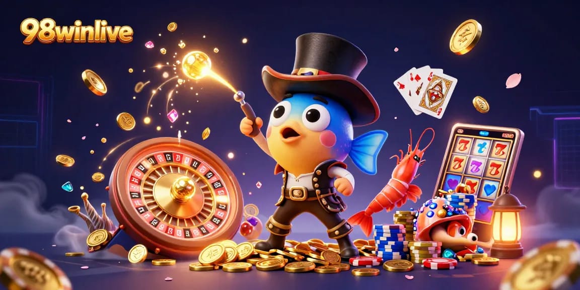 Engage with 98winlive's vibrant casino world through an exciting anglerfish scene, attracting golden coins.