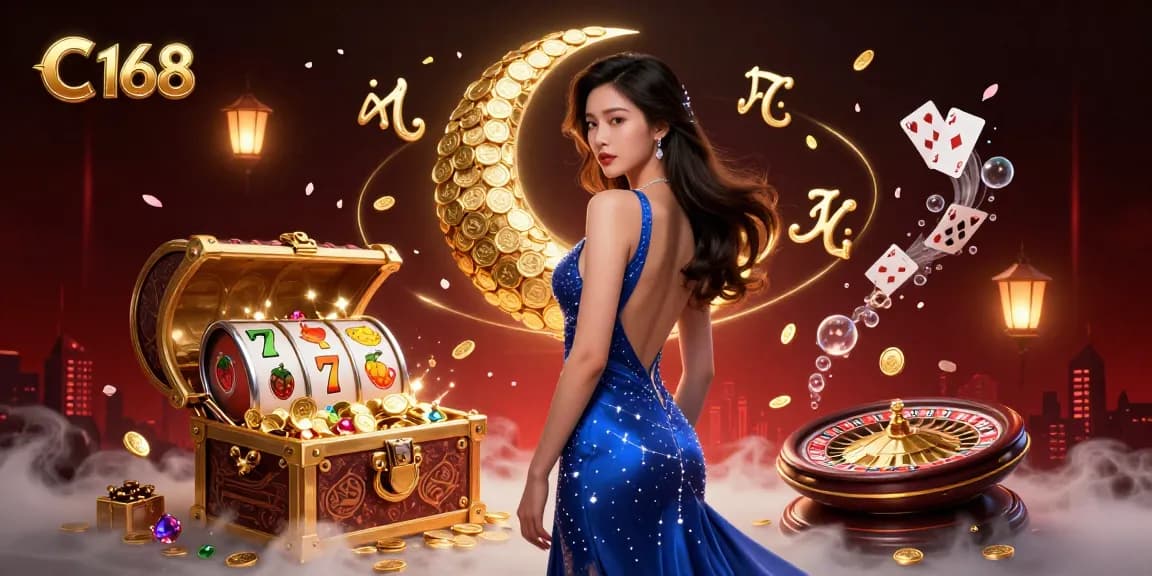 Spin and win at C 168 with vibrant slot reels, floating cards, and treasure elements in a dynamic casino scene.