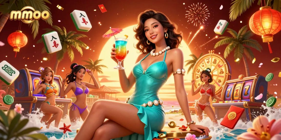 Engage in thrilling slots at mmoo, featuring a glamorous woman in a vibrant beach casino setting.